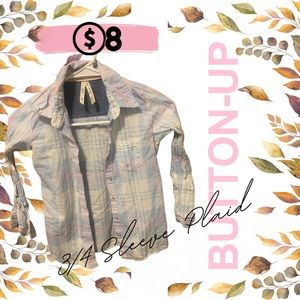 Girl’s collared, plaid & pink, white, light blue 3/4 long sleeve button-up. $8